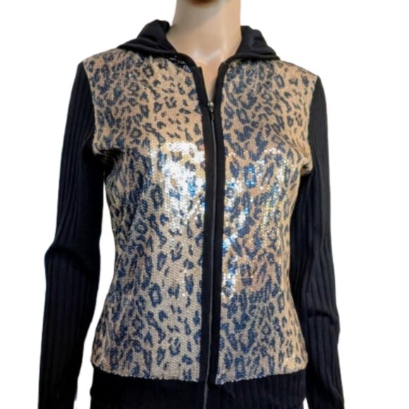 NWT Joseph Ribkoff Animal Print Sequins Cardigan Sweater with Hood - Picture 1 of 7